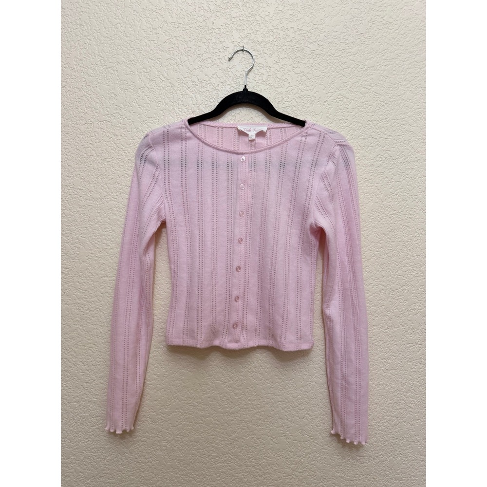 Pink Rose Pointelle Knit Button Front Cropped Cardigan, Size S